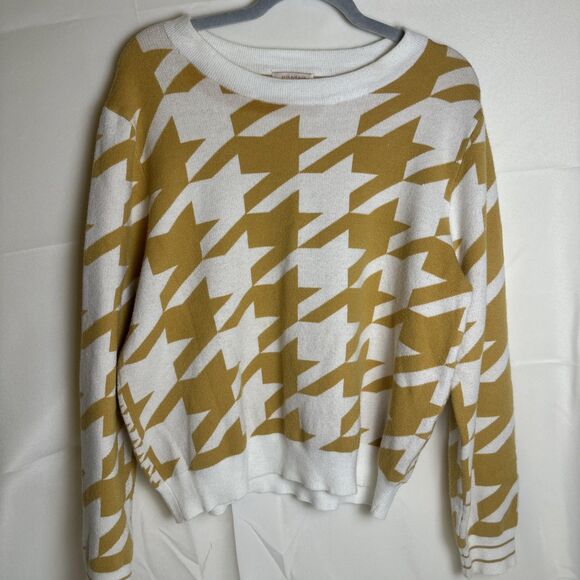 Skies Are Blue Sweaters - Skies Are Blue Brand Women’s Gold White Houndstooth Knit Pullover Sweater Sz L